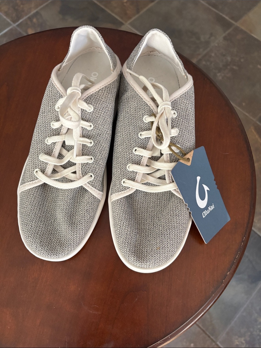 OluKai Women’s Light Gray Knit Lace-Up Sneakers with Cream Trim
